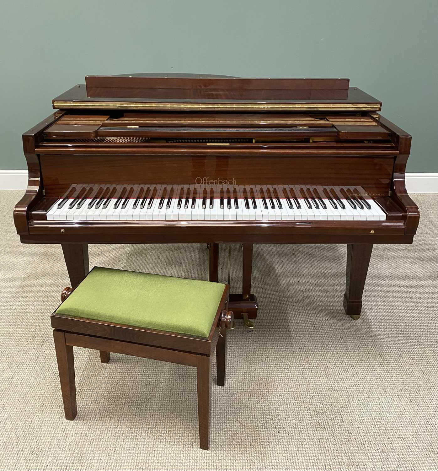 OFFENBACH MAHOGANY BABY GRAND PIANO WITH RISE & FALL PIANO STOOL, 101cms H, 148cms W, 155cms approx. - Image 4 of 11