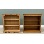 TWO MODERN OPEN BOOKCASES, comprising a pine example with shaped upper and lower aprons, 101cms H,