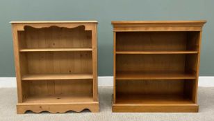 TWO MODERN OPEN BOOKCASES, comprising a pine example with shaped upper and lower aprons, 101cms H,