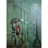 ‡ CARL ANSLOOS contemporary oil on canvas - depicting two young girls near a street lamp, titled