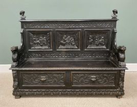 ANTIQUE STAINED OAK JACOBEAN-STYLE BOX SEAT HALL BENCH, with carved lion arms, tavern interior