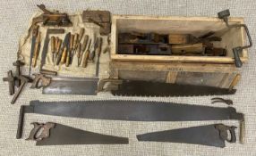 ANTIQUE & LATER WOODWORKER'S / CARPENTER'S HAND TOOLS WITHIN A LIDDED WOODEN BOX, including