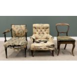THREE VINTAGE CHAIRS FOR RE-UPHOLSTERY / RESTORATION, comprising a button back upholstered open