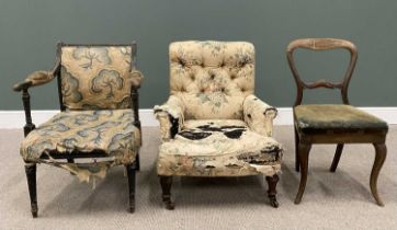 THREE VINTAGE CHAIRS FOR RE-UPHOLSTERY / RESTORATION, comprising a button back upholstered open