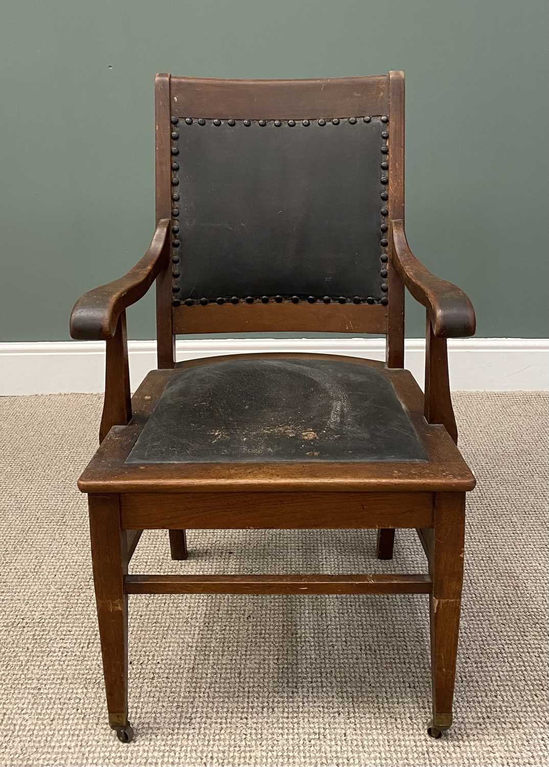 VINTAGE OAK ARMCHAIR WITH BUTTON EDGED REXINE BACK & SEAT INSERT, on square tapering front