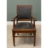 VINTAGE OAK ARMCHAIR WITH BUTTON EDGED REXINE BACK & SEAT INSERT, on square tapering front