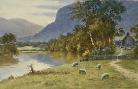 WARREN WILLIAMS watercolour - Eryri landscape with church and sheep at riverside, signed, 34 x 49cms