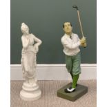 TWO FIGURINES being a plaster model of a Classical maiden, 87cms H, a painted golfer in Edwardian