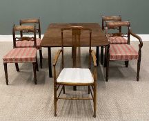 ANTIQUE MAHOGANY GATE LEG DINING TABLE, FOUR REGENCY DINING CHAIRS & ONE LATER SALON ARMCHAIR, 72cms