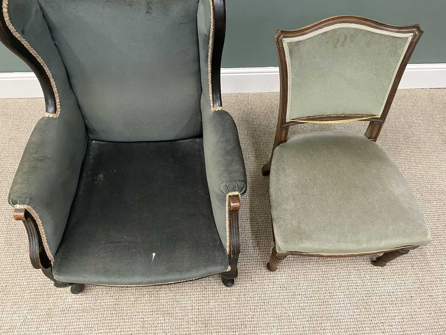 PLUS LOT 40 - TWO VINTAGE CHAIRS IN GREEN DRALON UPHOLSTERY, lot comprising a late 19th Century - Image 2 of 3