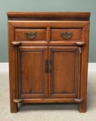 CHINESE STAINED WOOD SIDE CABINET, having twin frieze drawers and secret side drawer, over twin