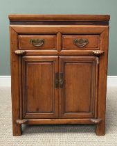 CHINESE STAINED WOOD SIDE CABINET, having twin frieze drawers and secret side drawer, over twin