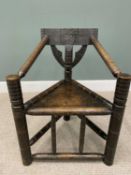 19TH CENTURY OAK TURNERS / BODGERS CHAIR, having traditional carved and turned detail with solid