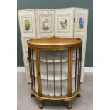 DECORATIVE FOUR-FOLD DRESSING SCREEN & A BOW FRONT CHINA DISPLAY CABINET, the screen with antique