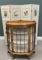 DECORATIVE FOUR-FOLD DRESSING SCREEN & A BOW FRONT CHINA DISPLAY CABINET, the screen with antique