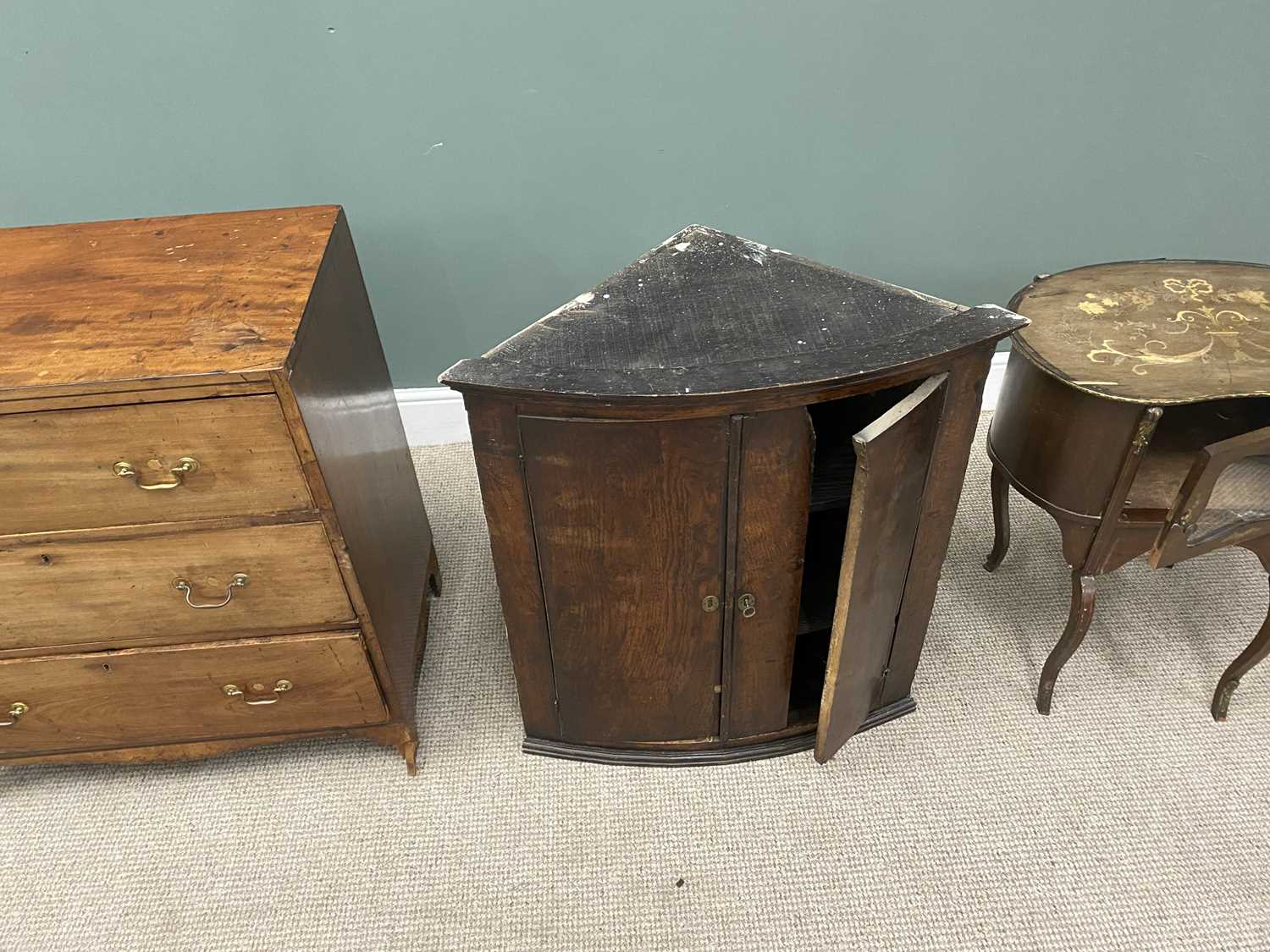 THREE ANTIQUE FURNITURE ITEMS FOR RESTORATION, comprising a mahogany three-drawer chest with - Image 2 of 7