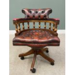 REPRODUCTION SWIVEL OFFICE / CAPTAIN'S CHAIR IN BUTTONED RED LEATHER UPHOLSTERY, with central curved