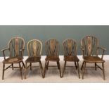 SET OF FIVE (3+2) VINTAGE WHEELBACK DINING CHAIRS, spindled hoop backs with wheel pierced central