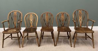 SET OF FIVE (3+2) VINTAGE WHEELBACK DINING CHAIRS, spindled hoop backs with wheel pierced central
