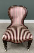 VICTORIAN MAHOGANY SPOON BACK SALON CHAIR with classical stripe fabric re-upholstery, on turned