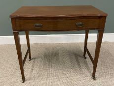 VINTAGE MAHOGANY SERPENTINE FRONT SINGLE DRAWER HALL TABLE on square tapering supports and brass