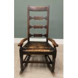 ANTIQUE FARMHOUSE LADDER BACK ROCKING CHAIR, having low swept arms on short turned supports, solid
