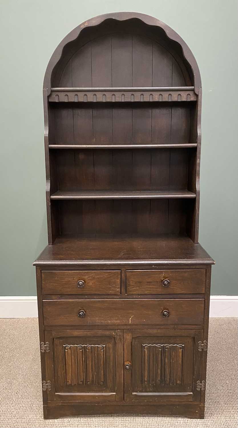 DUTCH TOP PRIORY-STYLE OAK DRESSER, the dome top three-shelf waterfall rack on a base section of two