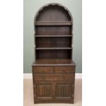 DUTCH TOP PRIORY-STYLE OAK DRESSER, the dome top three-shelf waterfall rack on a base section of two