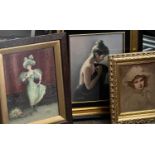 THREE VICTORIAN & LATER FEMALE STUDY PAINTINGS AND PRINTS, lot comprises a gouache study of a