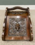 BLACK FOREST STYLE CARVED MAHOGANY COAL BOX having floral detail and a bold lion head mask to the