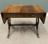 REPRODUCTION MAHOGANY LYRE END SOFA TABLE, twin flap with twin frieze drawers, on swept reeded