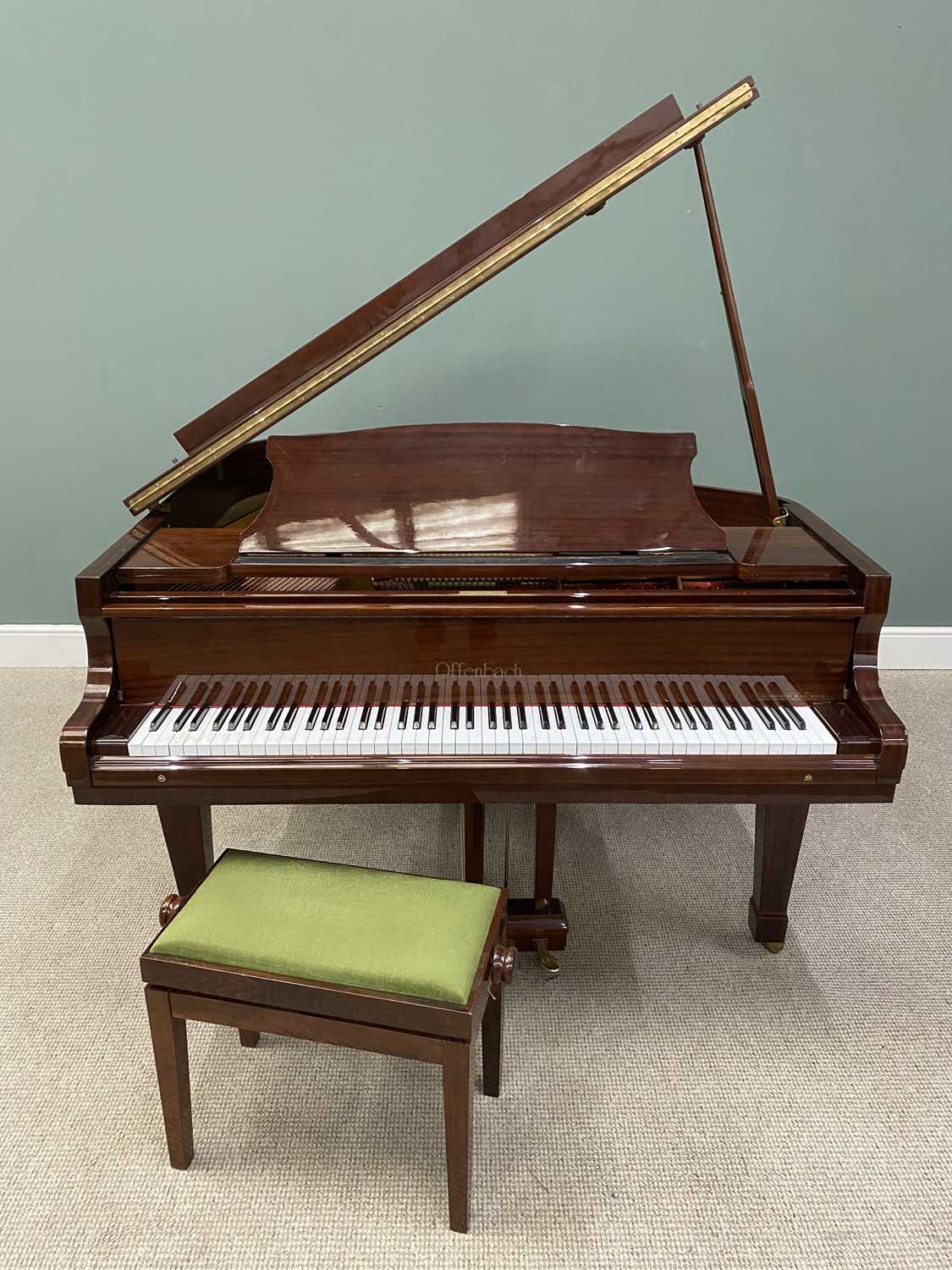 OFFENBACH MAHOGANY BABY GRAND PIANO WITH RISE & FALL PIANO STOOL, 101cms H, 148cms W, 155cms approx.