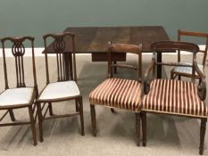 ANTIQUE MAHOGANY GATE LEG DINING TABLE & HARLEQUIN GROUP OF FIVE VARIOUS CHAIRS, 71cms H, 112.5cms