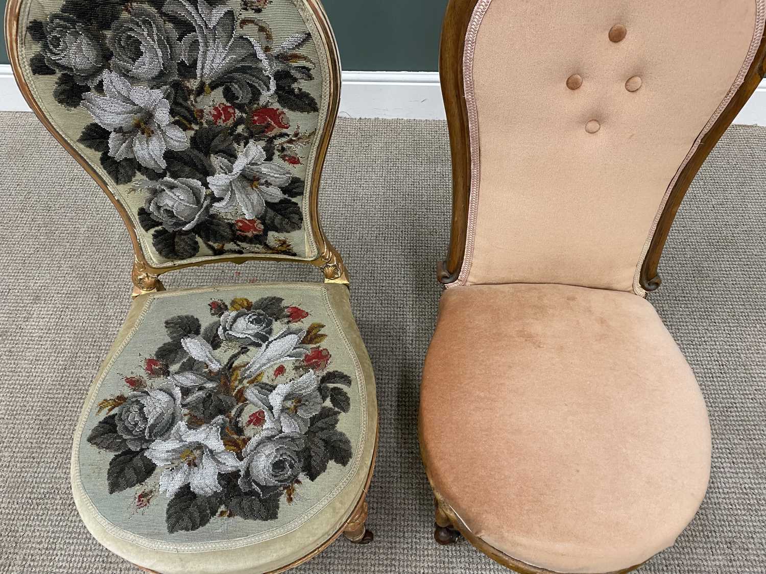 TWO VICTORIAN SPOON BACK SALON CHAIRS, the first being gilt washed with beadwork upholstery back and - Image 2 of 4