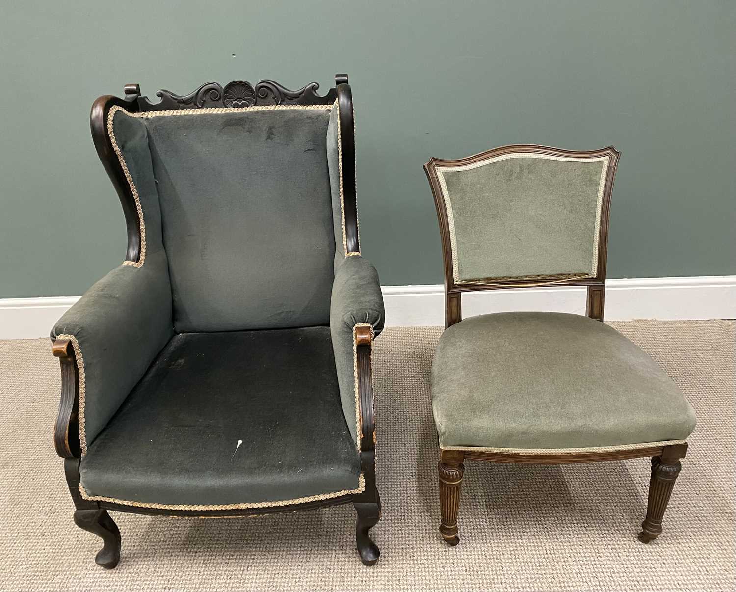 PLUS LOT 40 - TWO VINTAGE CHAIRS IN GREEN DRALON UPHOLSTERY, lot comprising a late 19th Century