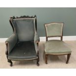 PLUS LOT 40 - TWO VINTAGE CHAIRS IN GREEN DRALON UPHOLSTERY, lot comprising a late 19th Century