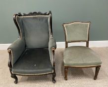 PLUS LOT 40 - TWO VINTAGE CHAIRS IN GREEN DRALON UPHOLSTERY, lot comprising a late 19th Century