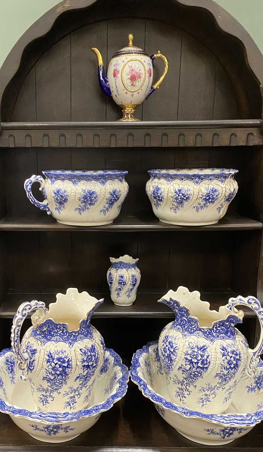 VICTORIAN BLUE & WHITE TOILET SET AND A HOUSE OF FABERGE IMPERIAL EGG TEAPOT, the toilet set