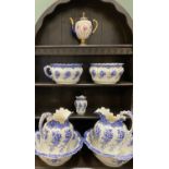 VICTORIAN BLUE & WHITE TOILET SET AND A HOUSE OF FABERGE IMPERIAL EGG TEAPOT, the toilet set