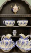 VICTORIAN BLUE & WHITE TOILET SET AND A HOUSE OF FABERGE IMPERIAL EGG TEAPOT, the toilet set