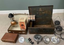 MILITARY, LIGHTING, AUTOMOBILIA & COLLECTABLES GROUP, lot includes a lidded tin trunk with