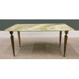 ONYX TOP GILT METAL COFFEE TABLE, with classical style tapering reeded supports, 45cms H, 89cms W,