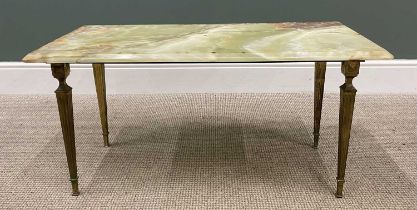 ONYX TOP GILT METAL COFFEE TABLE, with classical style tapering reeded supports, 45cms H, 89cms W,