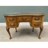 VINTAGE WALNUT KIDNEY SHAPED DRESSING TABLE / DESK, protective glass top and part carved detail to