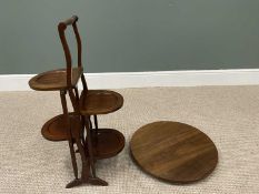 FOUR TRAY DOUBLE-SIDED MAHOGANY CAKE STAND & LATER TEAK LAZY SUSAN, the cake stand having dished