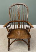 MID 19TH CENTURY ELM SEATED HIGH BACK WINDSOR ARMCHAIR, with crinoline stretcher and ornamental