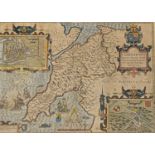 JOHN SPEED CAERNARVON ANTIQUE COLOUR TINTED MAP, both Shyre and Shire-Towne, with the Ancient