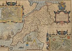 JOHN SPEED CAERNARVON ANTIQUE COLOUR TINTED MAP, both Shyre and Shire-Towne, with the Ancient