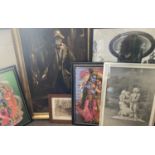 FURNISHING GROUP OF PAINTINGS & PRINTS, comprising a gilt framed oil on canvas of an elderly pipe