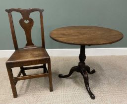 ANTIQUE MAHOGANY TILT TOP TRIPOD TABLE & AN OAK SPLAT BACK FARMHOUSE CHAIR, 70cms H, 79.5cms diam.